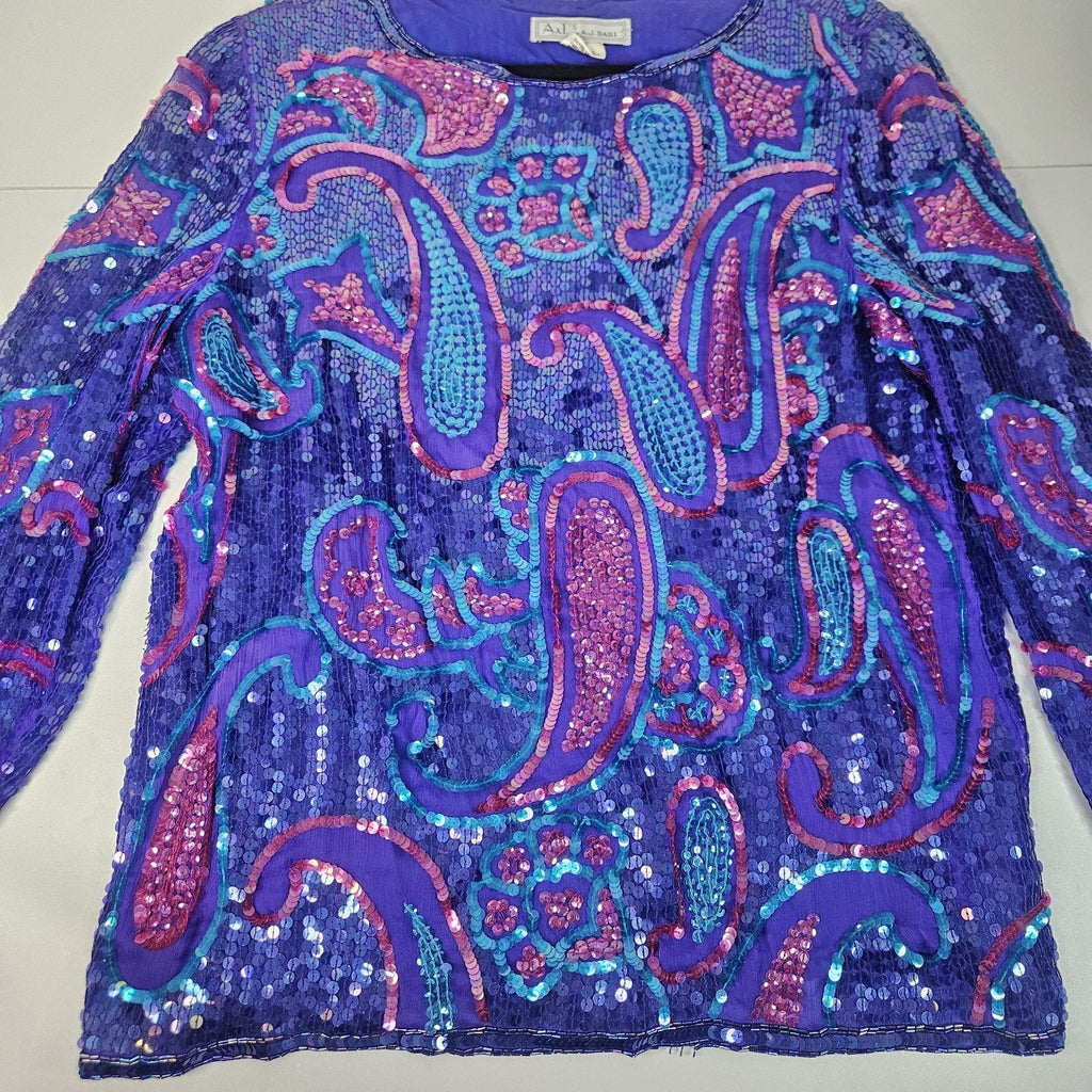 Sequin Beaded Silk Top 90s Blue Long-Sleeve Blouse Gatsby Glam Party Large