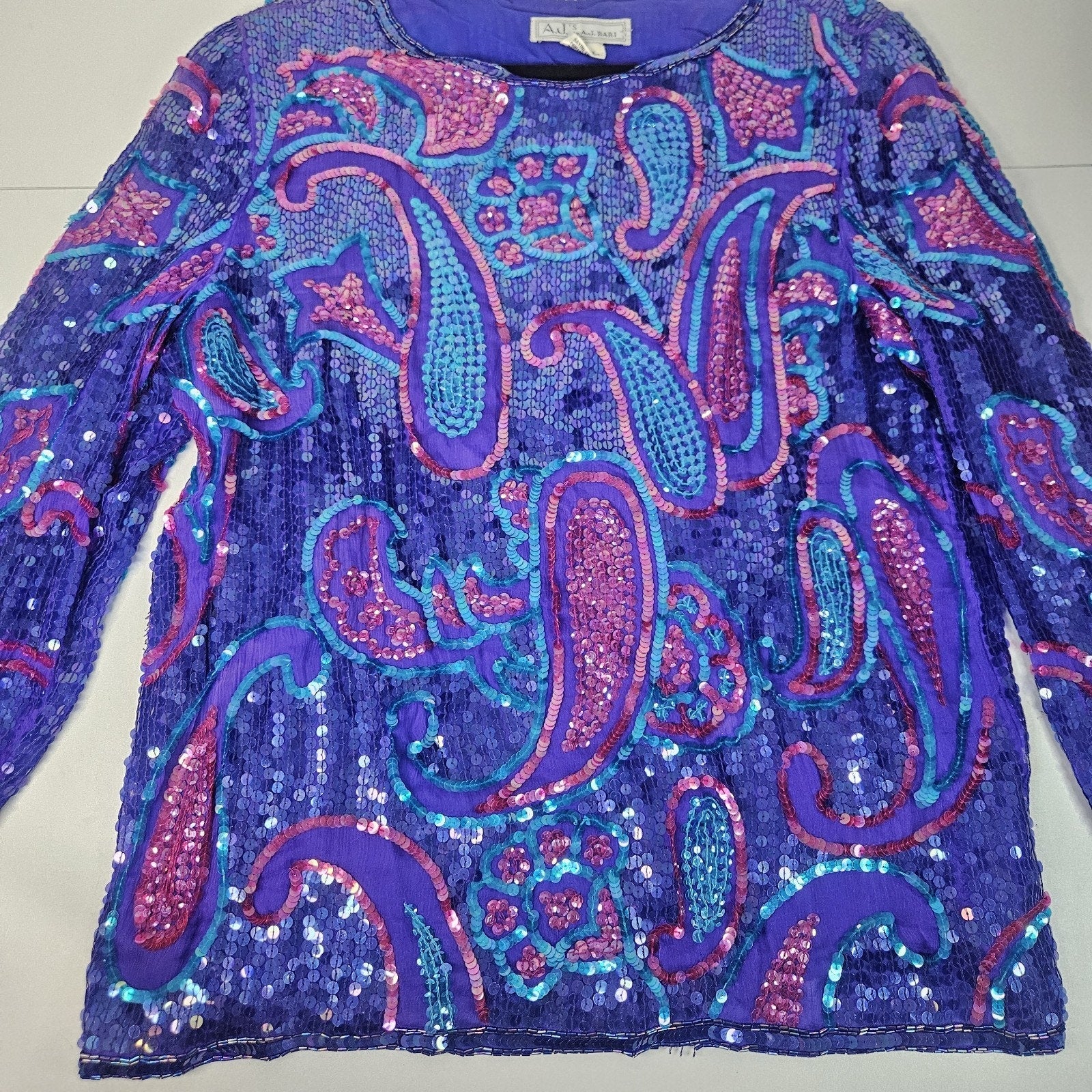 Sequin Beaded Silk Top 90s Blue Long-Sleeve Blouse Gatsby Glam Party Large
