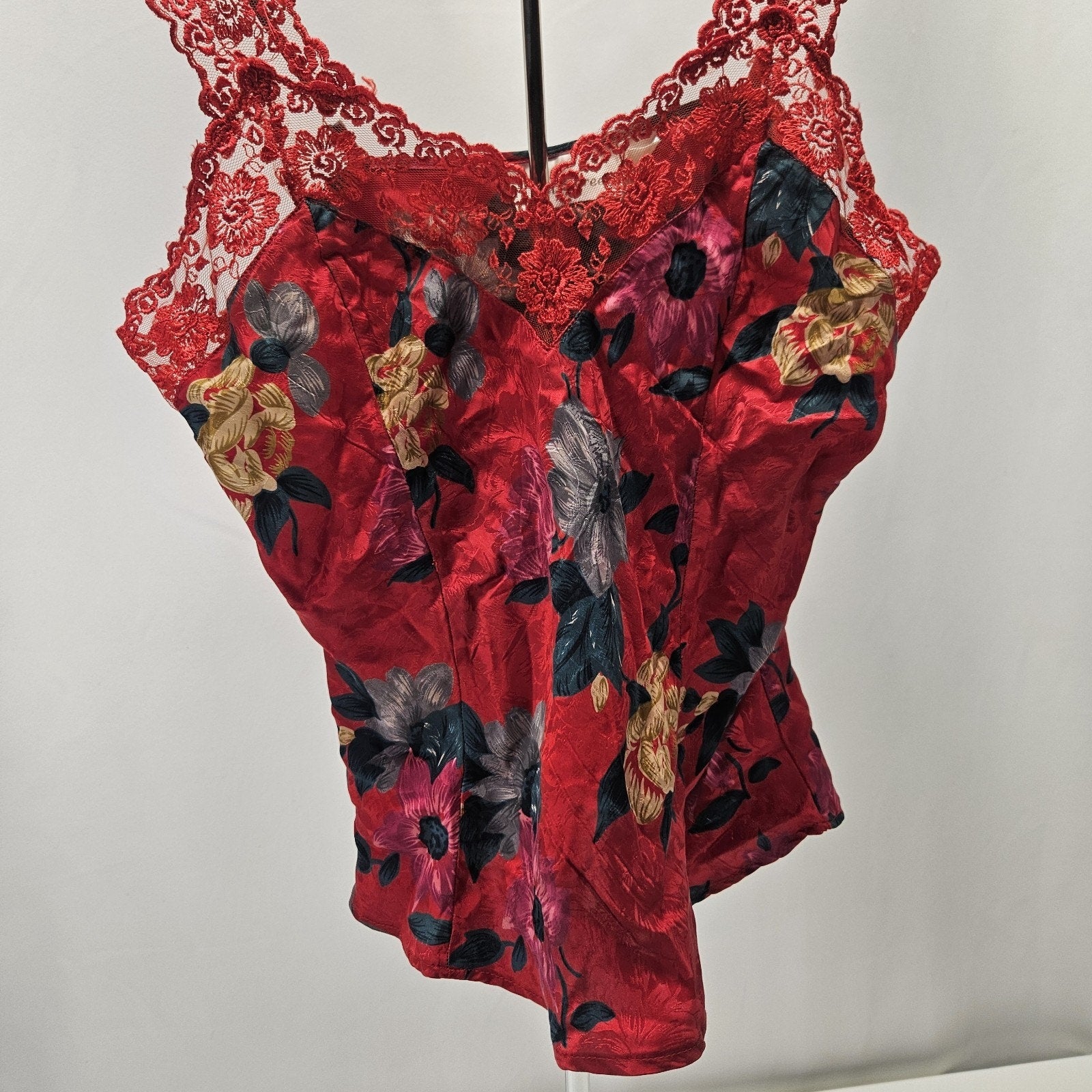 Vintage Silkscreen 100% Silk Camisole Tank Small Red Lace 90s Y2K Fairy