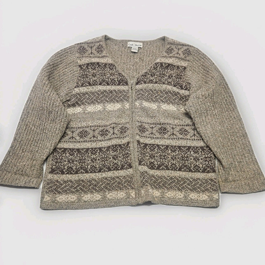 Vtg 100% Wool Knit Women Full Zip Cardigan Sweater Brown Nordic Ski Large