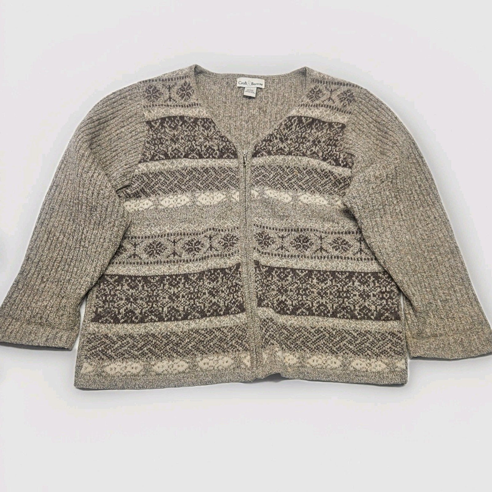 Vtg 100% Wool Knit Women Full Zip Cardigan Sweater Brown Nordic Ski Large