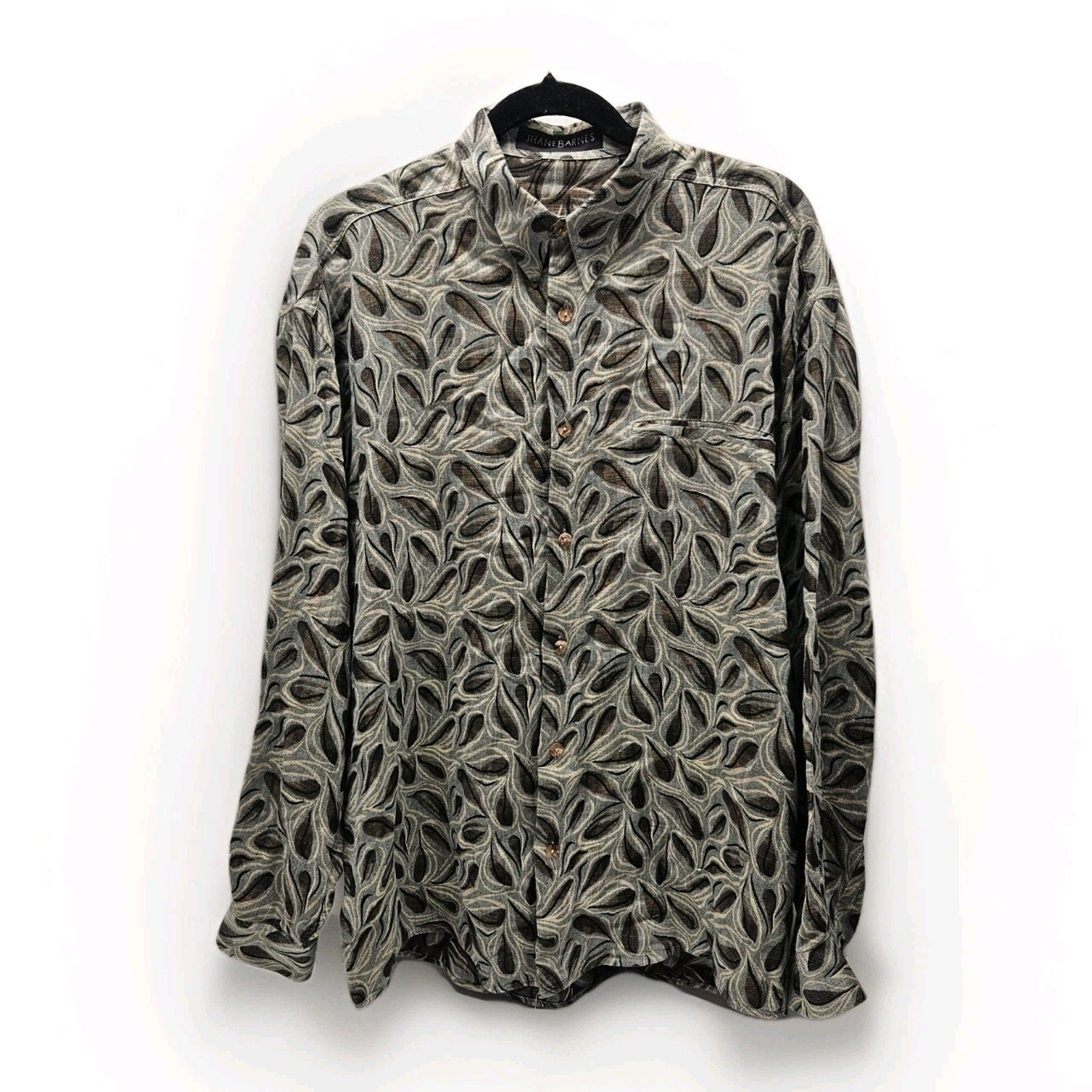 Vtg Jhane Barnes Long Sleeve Blue Green Abstract Woven Button Up Shirt Large