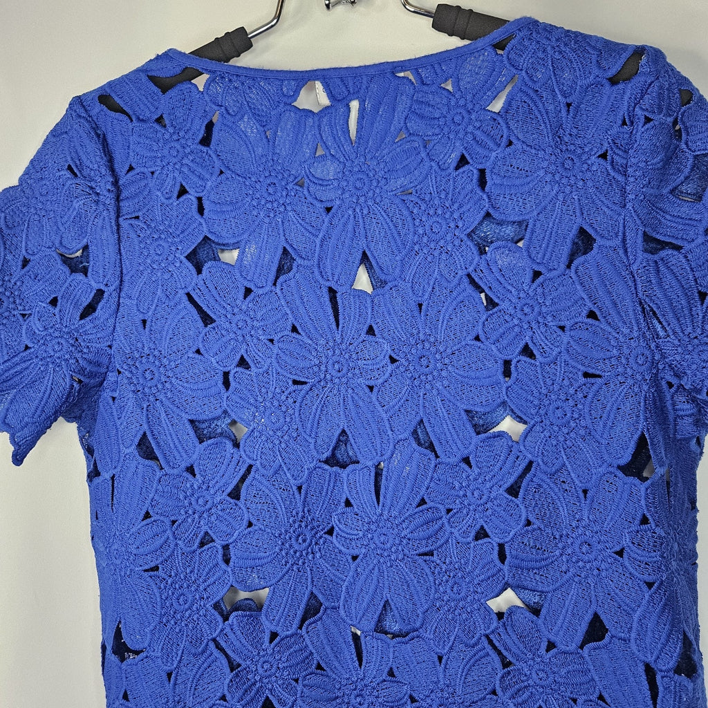 Vintage Cobalt Blue Guipure Cut Out Lace Short Sleeve Top Small Holiday Retro