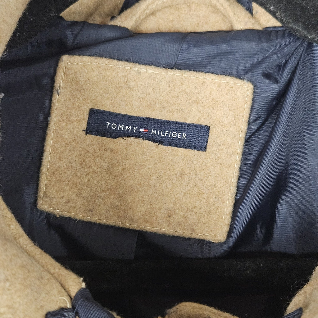 Tommy Hilfiger Jacket Womens Size Large Camel Navy Full Zip Hooded Wool Blend