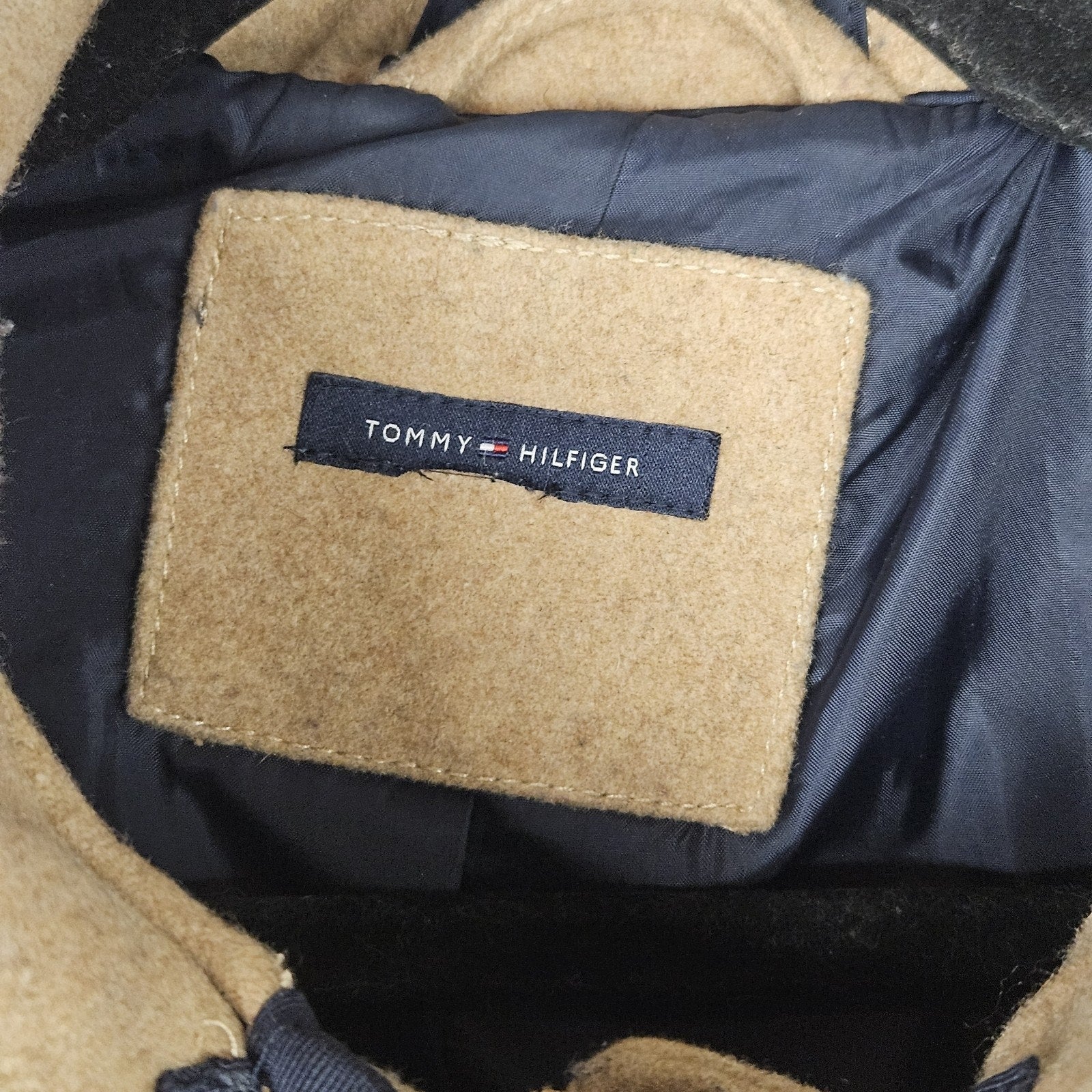 Tommy Hilfiger Jacket Womens Size Large Camel Navy Full Zip Hooded Wool Blend