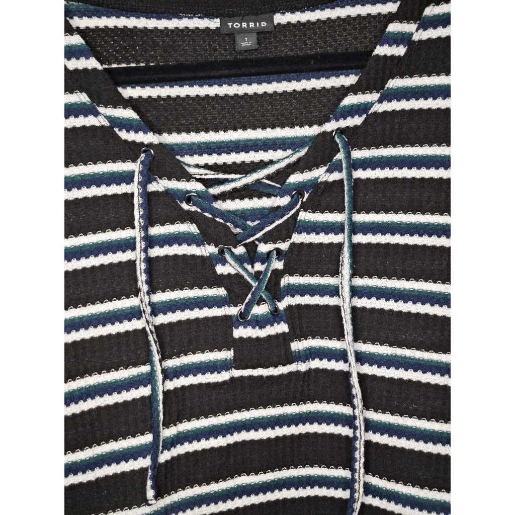 Torrid Knit V Neck Lace-Up Womens 1 XL Striped Henley Long Sleeve Boho Peasant