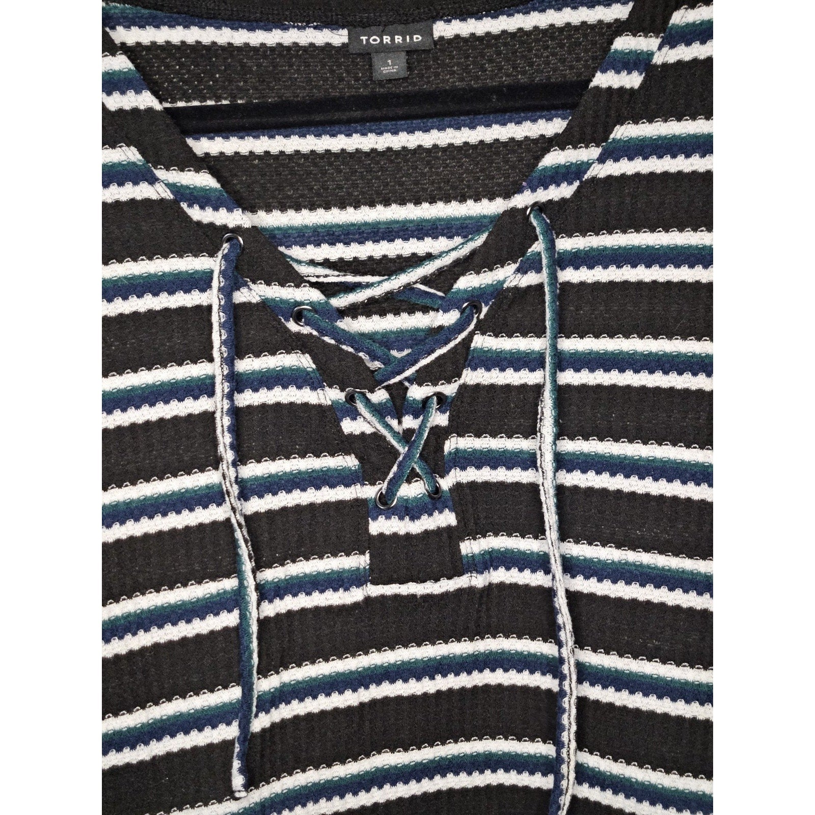Torrid Knit V Neck Lace-Up Womens 1 XL Striped Henley Long Sleeve Boho Peasant