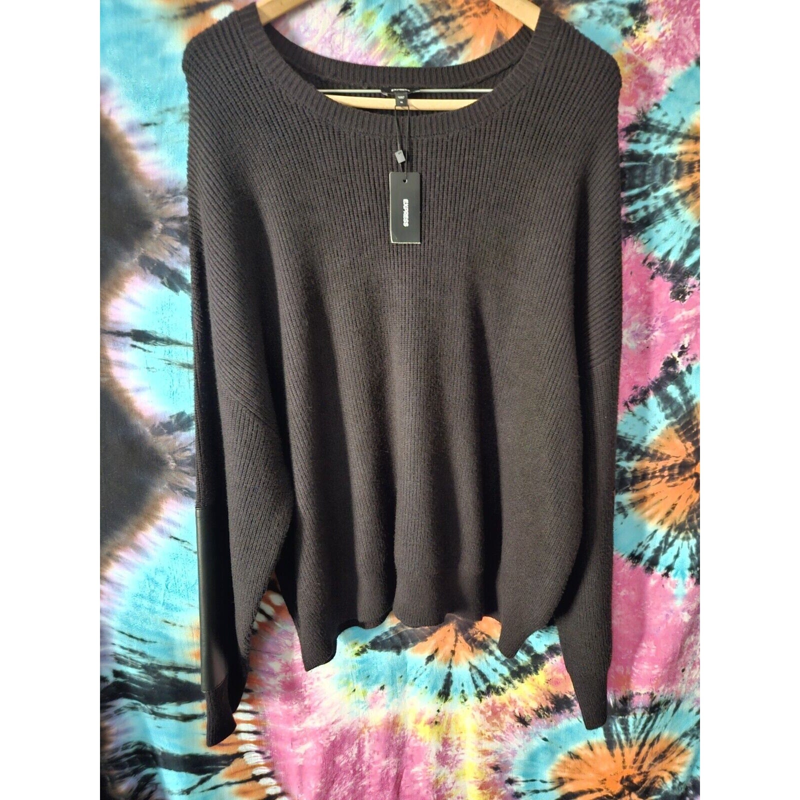 NWT Express Black Sweater With Faux Leather Accents Men's XL Crew Neck Pullover