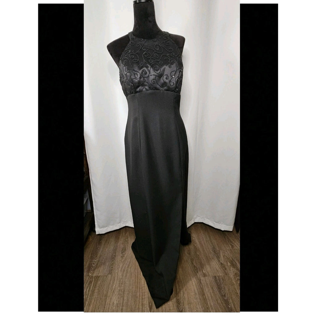 Vintage Hand Stitched Brocade Bodice Halter Dress Black Size 10 Evening Gown