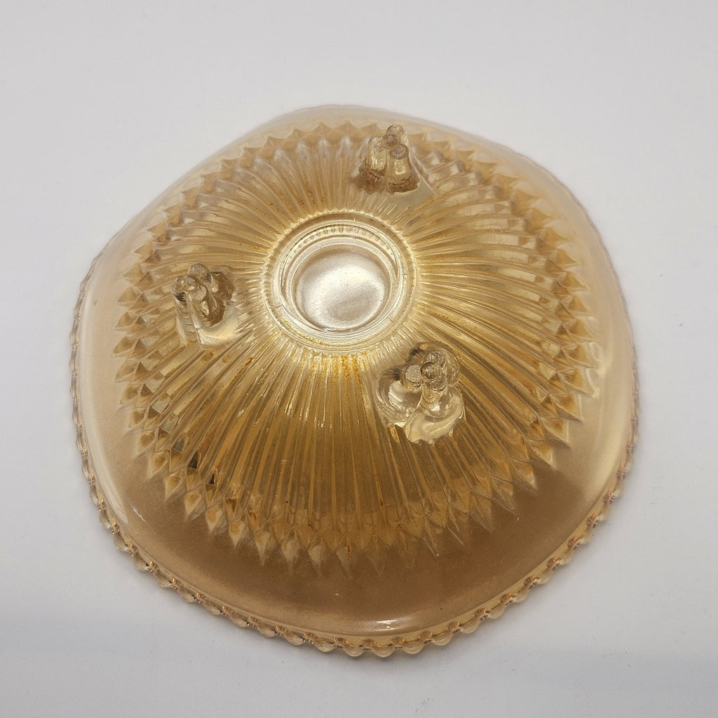 Vtg Carnival Glass Candy Dish Amber Three Footed Beaded Rim Diamond Pointed Ribs