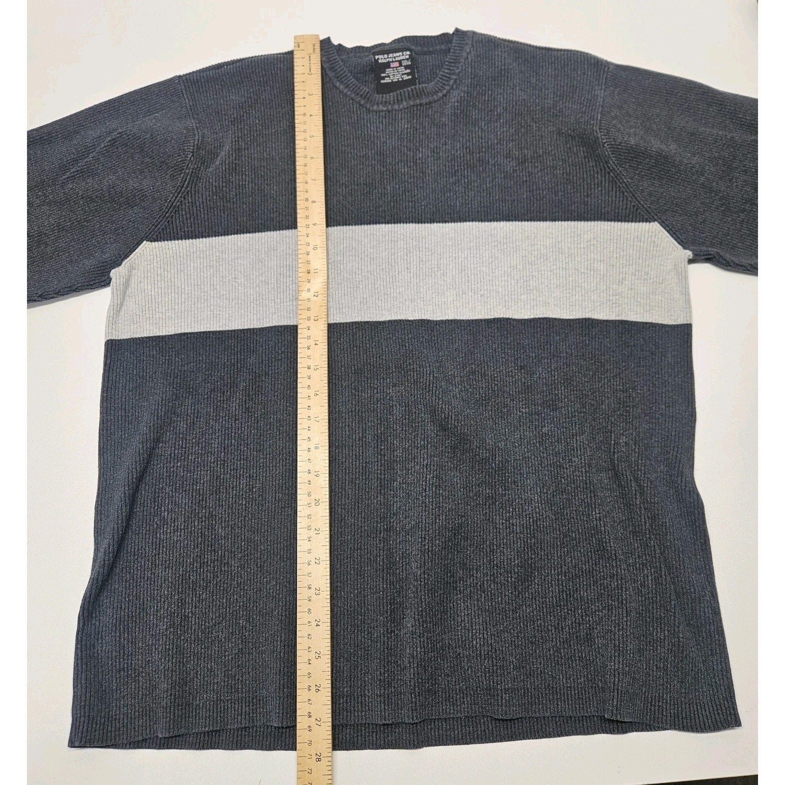 Vintage Y2K Men's Ralph Lauren Polo Jeans Co Striped Cotton Sweater Grey 2XL