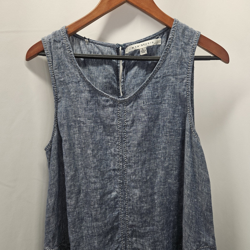 Max Studio Dress Denim Blue 100% Linen Size Large Tank Dress Vintage Y2K Summer