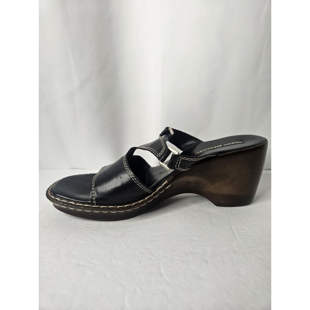 SESTO MEUCCI Soft Leather Wedge Sandal Black Sz 8 Made in ITALY Classic Slip-On