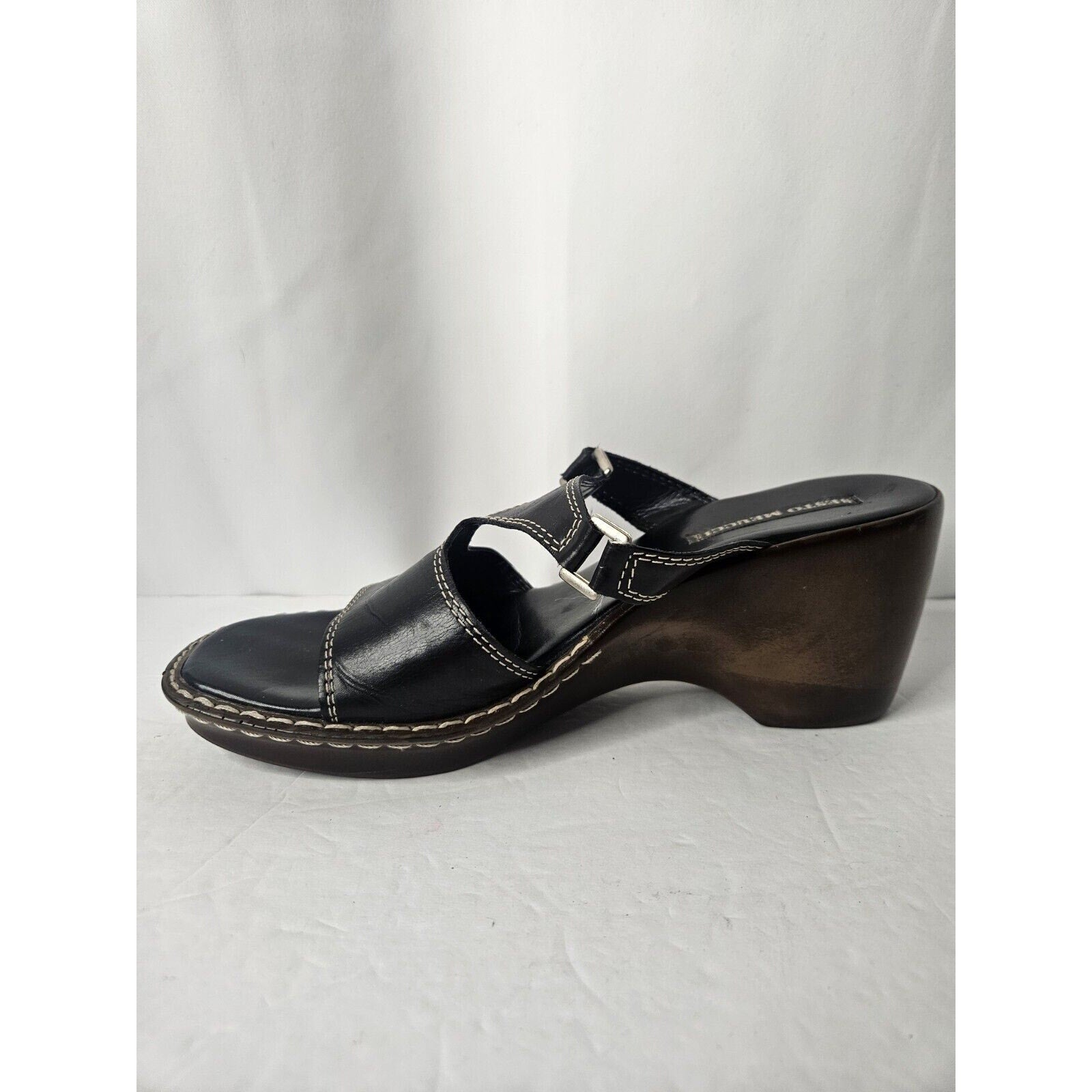 SESTO MEUCCI Soft Leather Wedge Sandal Black Sz 8 Made in ITALY Classic Slip-On