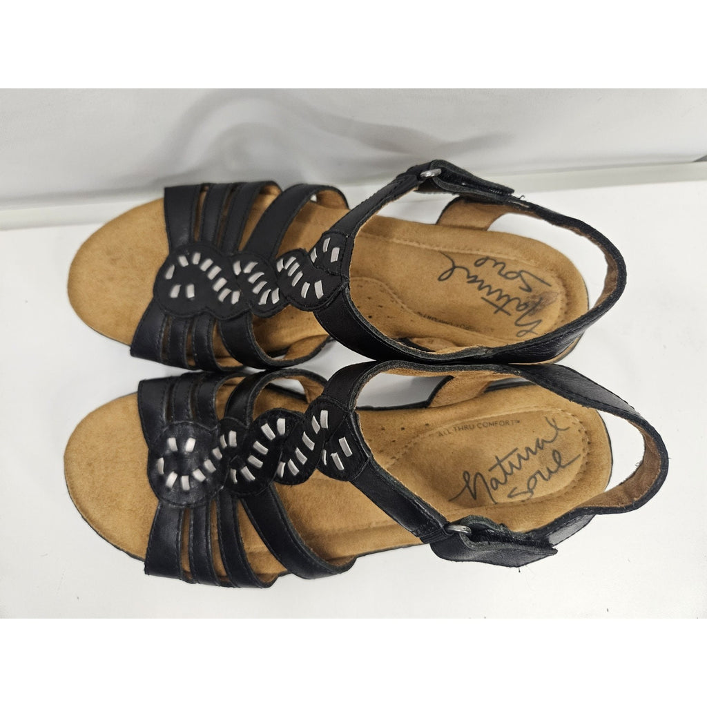 Natural Soul Barroll Black Leather Ankle Strap Sandals US 7.5 M Boho Comfort