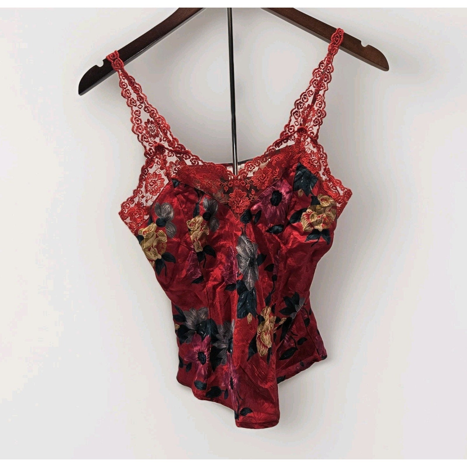 Vintage Silkscreen 100% Silk Camisole Tank Small Red Lace 90s Y2K Fairy