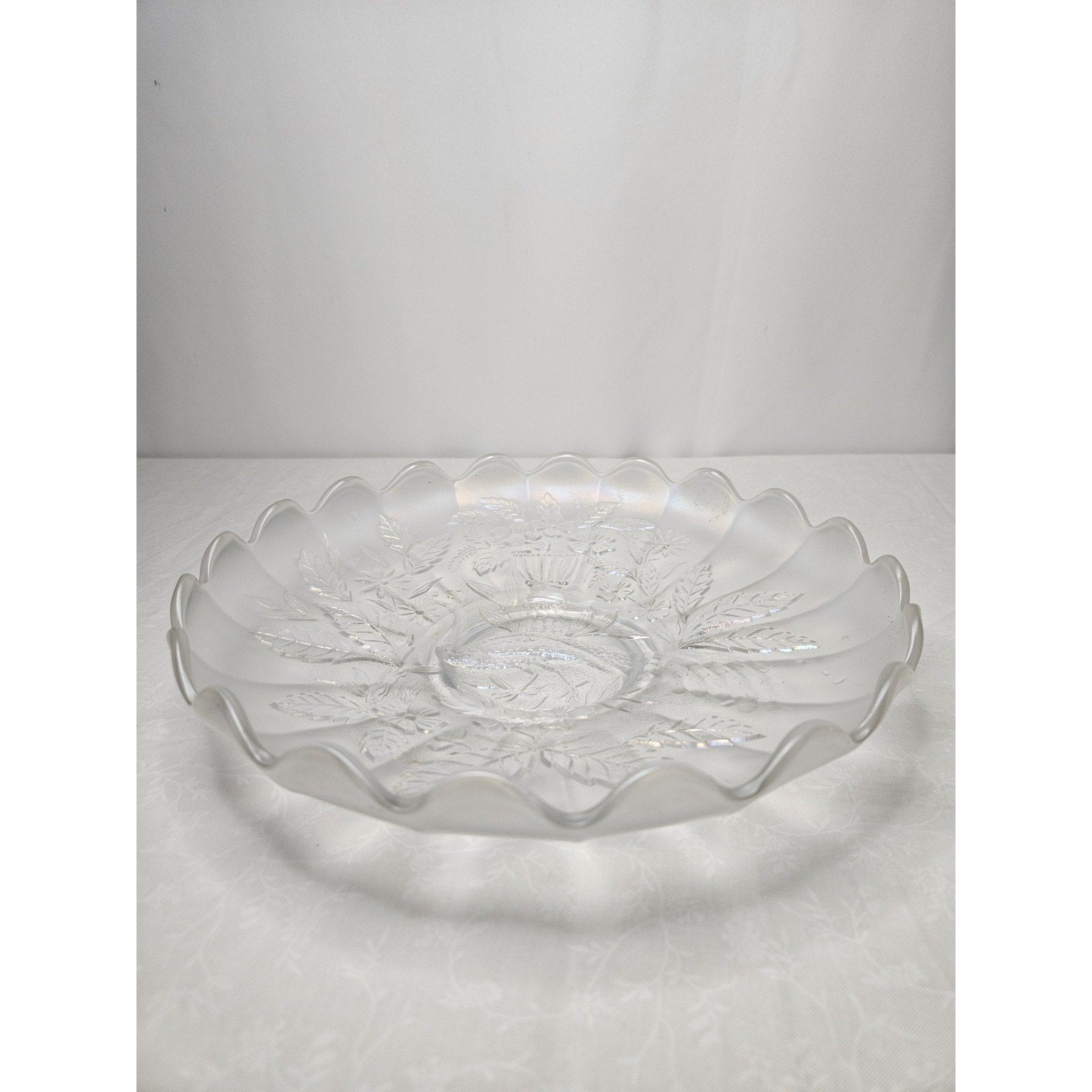 White Northwood Carnival Glass Peacock & Urn Large Bowl Ice Blue Cream Bowl 10in
