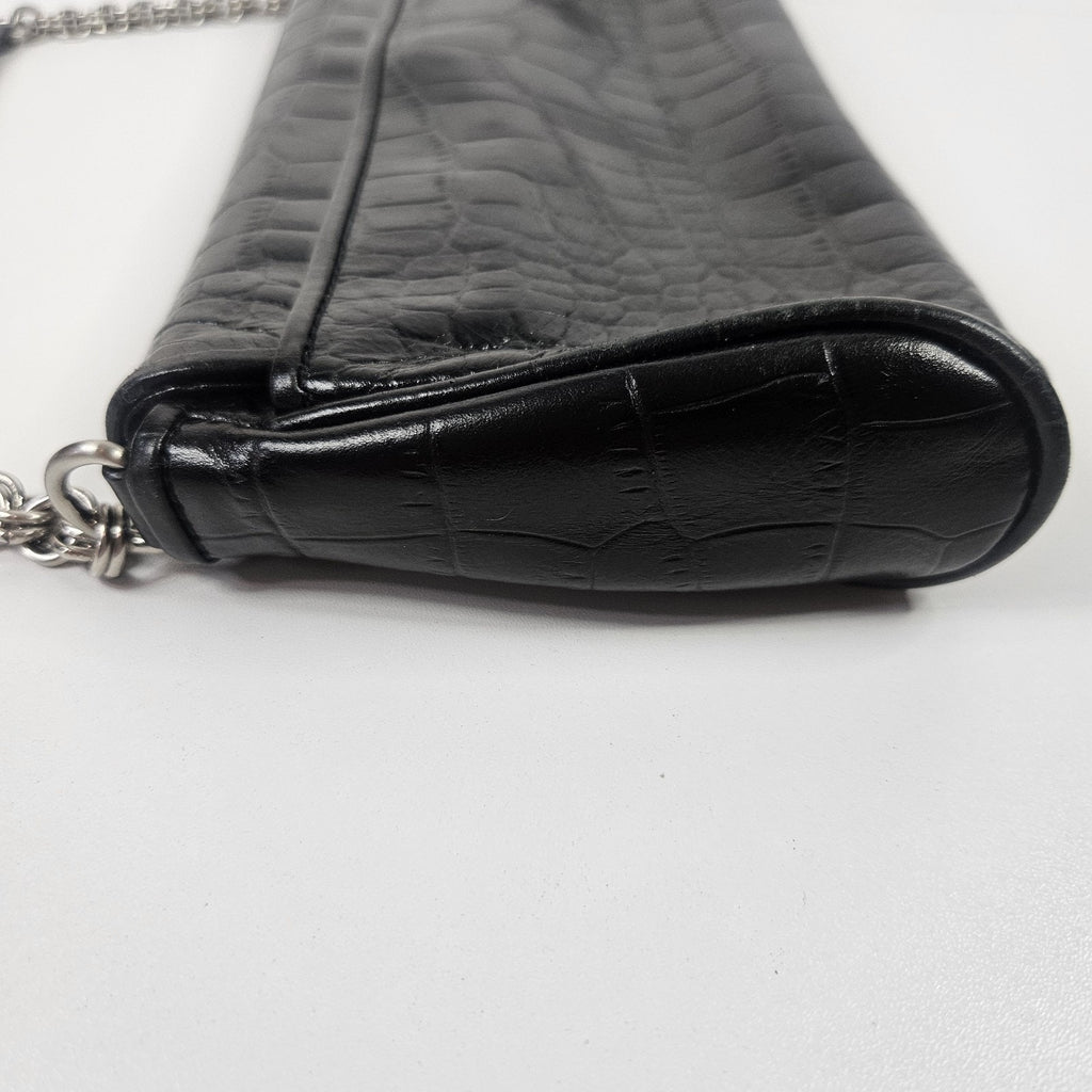 Anne Klein Black Faux Croco Embossed Leather Flap Chain Strap Purse Shoulder Bag