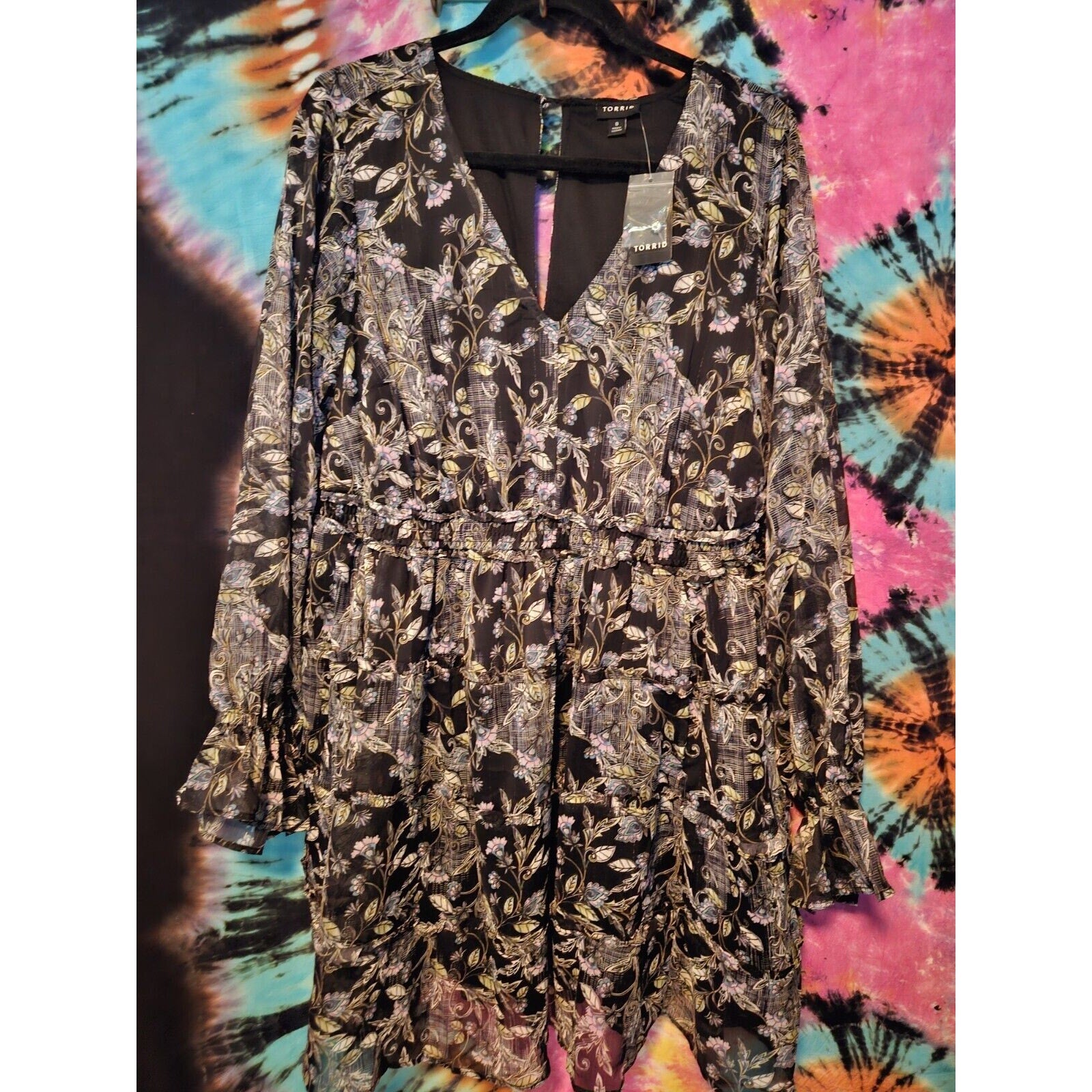 Torrid Mini Chiffon Tiered Dress Black Floral w/Gold Threads Sz 0 Lg 14 Pockets