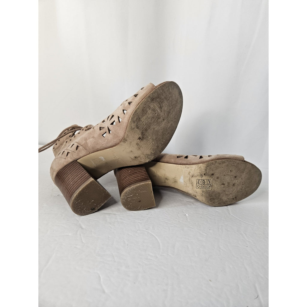 Nine West Sandals WMNS 7.5 Brown Janelo Heel Open Toe Block Strappy Boho Cut Out