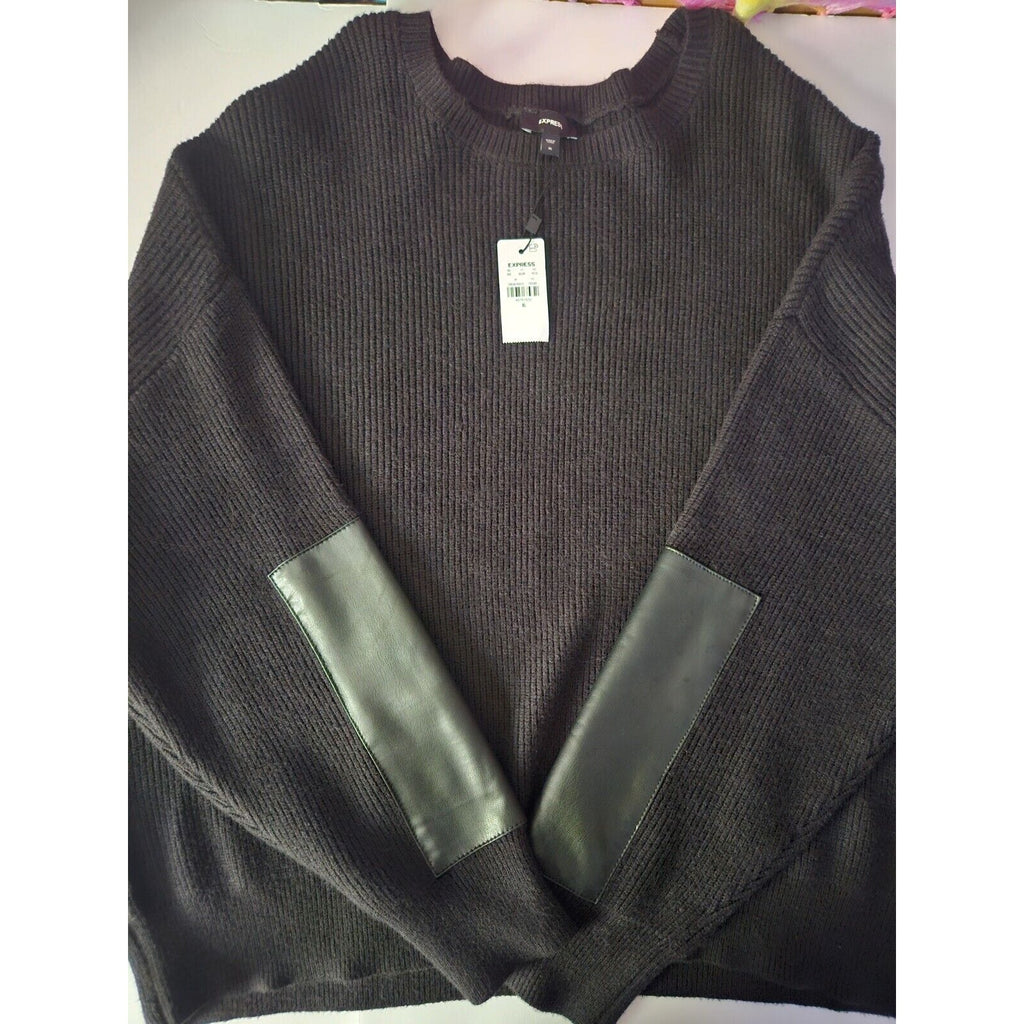 NWT Express Black Sweater With Faux Leather Accents Men's XL Crew Neck Pullover
