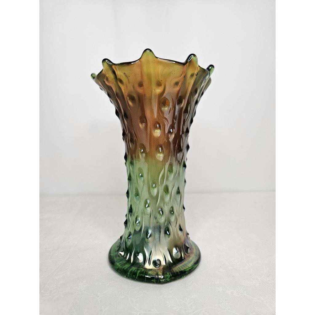Vintage Northwood Green Carnival Stretch Squat Tree Trunk 7-1/2” Vase