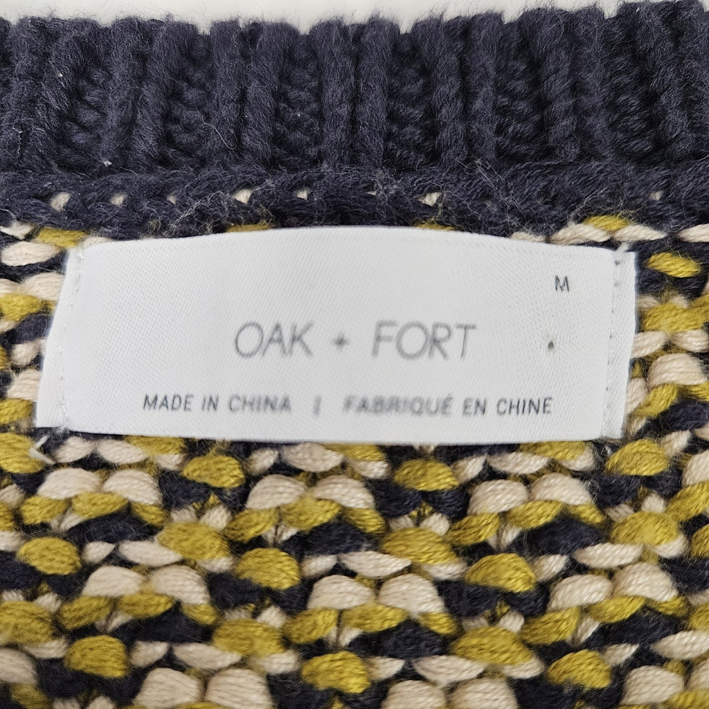 Oak + Fort Knit Crewneck Pullover Sweater Medium Yellow Grey Fisherman Preppy