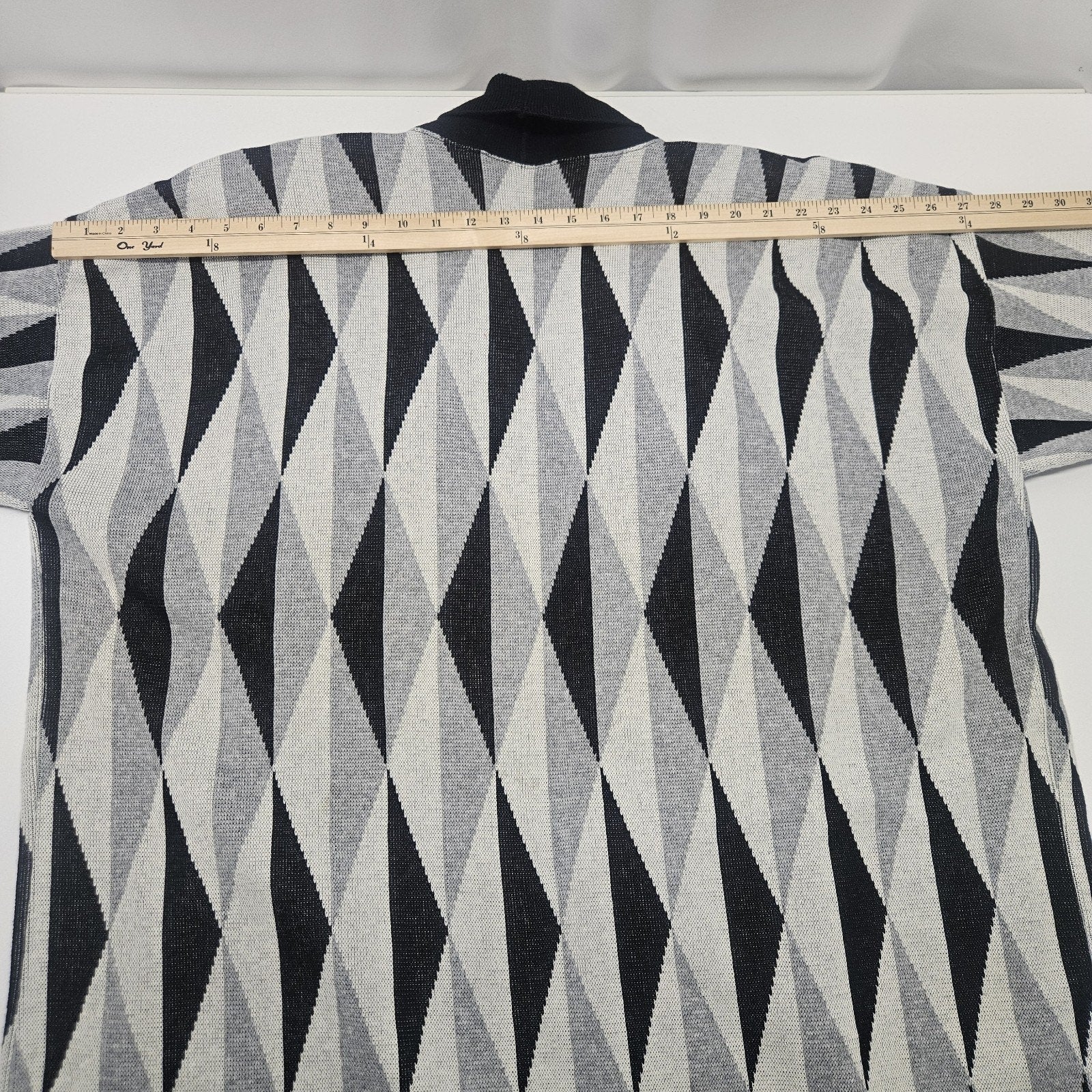 Vintage 80s Worthington Geometric Long Knit Sweater Cardigan XL Boho Gray USA