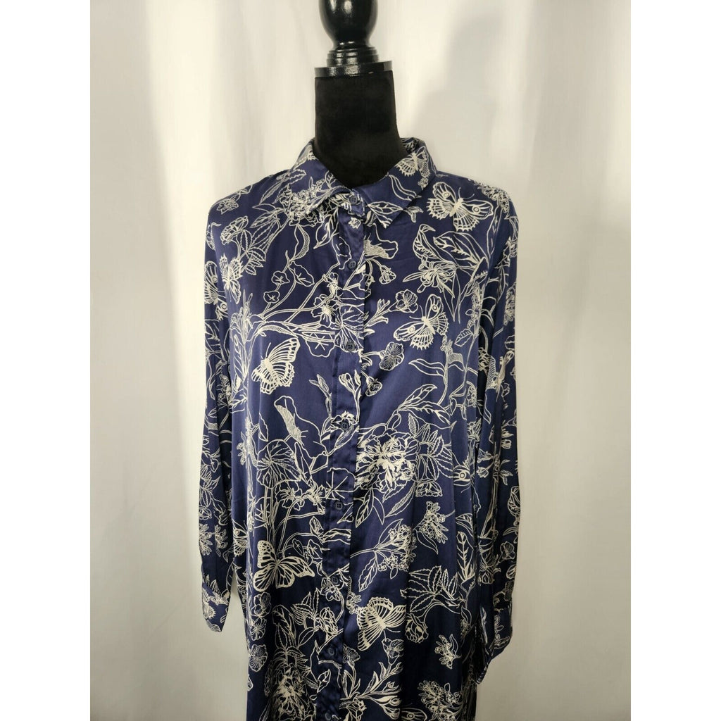 OPHELIA ROE Blue Floral Lightweight Satin Button Knee Length Dress w/o Belt XL