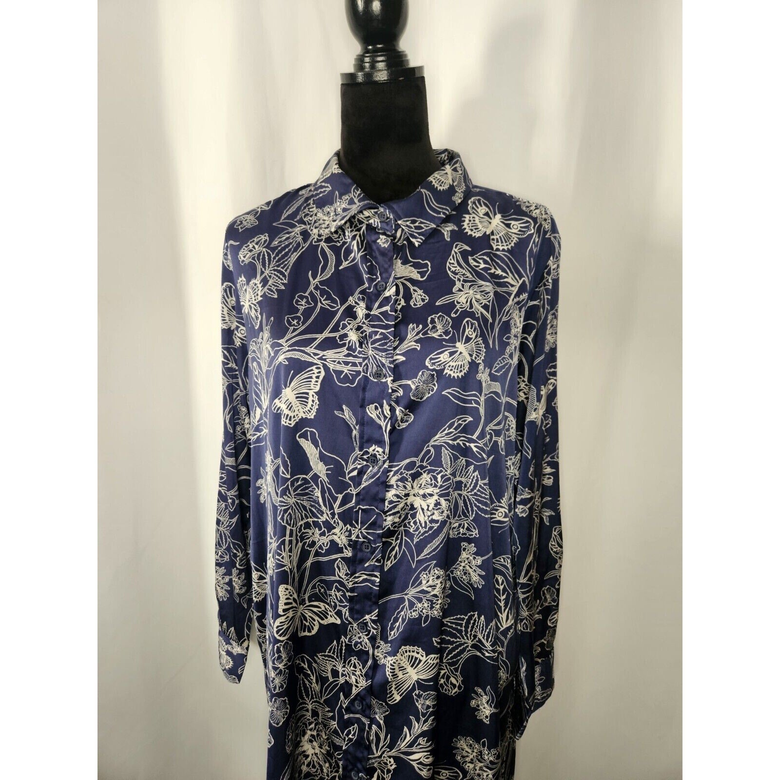OPHELIA ROE Blue Floral Lightweight Satin Button Knee Length Dress w/o Belt XL