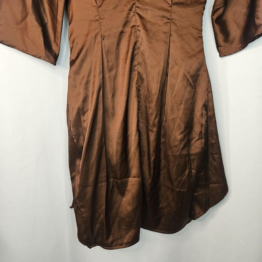 Baltic Born Satin Brown Tie Front Mini Dress Small 3/4 Sleeved Wrap Dress NWT