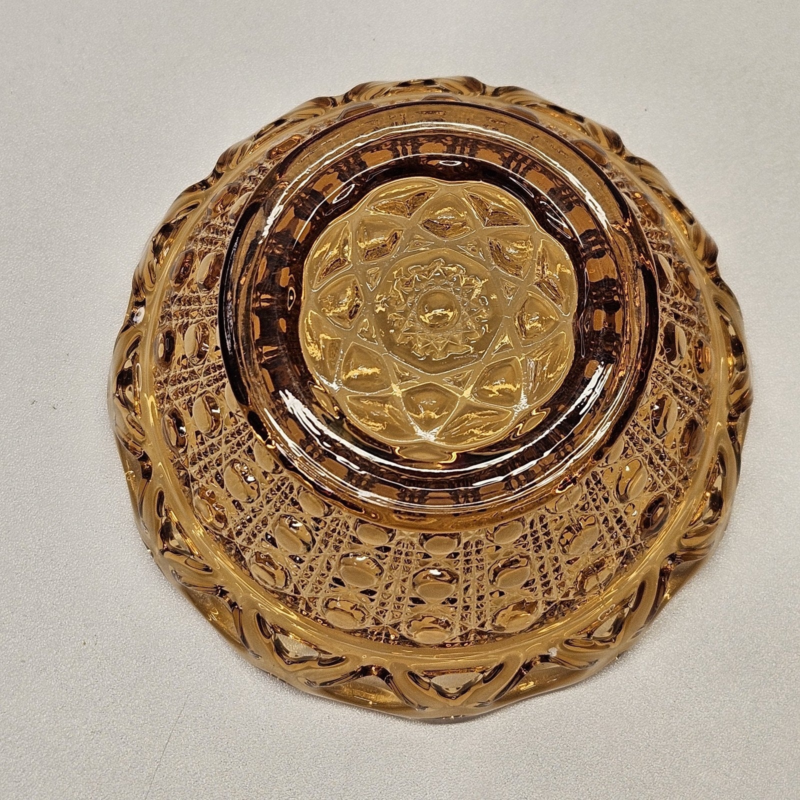 Vintage Imperial Glass Golden Amber Glass Bowl Button Weave Lattice Top 3" Retro