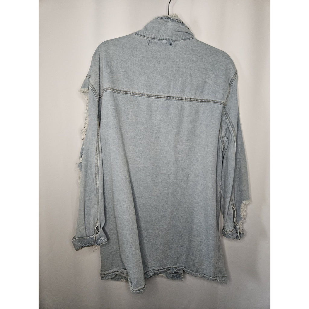 Denim Flavour Collection Womens Distressed Denim Shirt Small Oversized Long