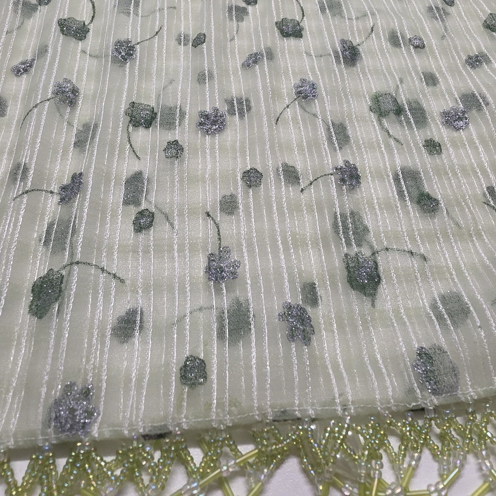 Vintage Chiffon Rectangle Scarf Beaded Fringe Light Green Metallic Flower 64x16"