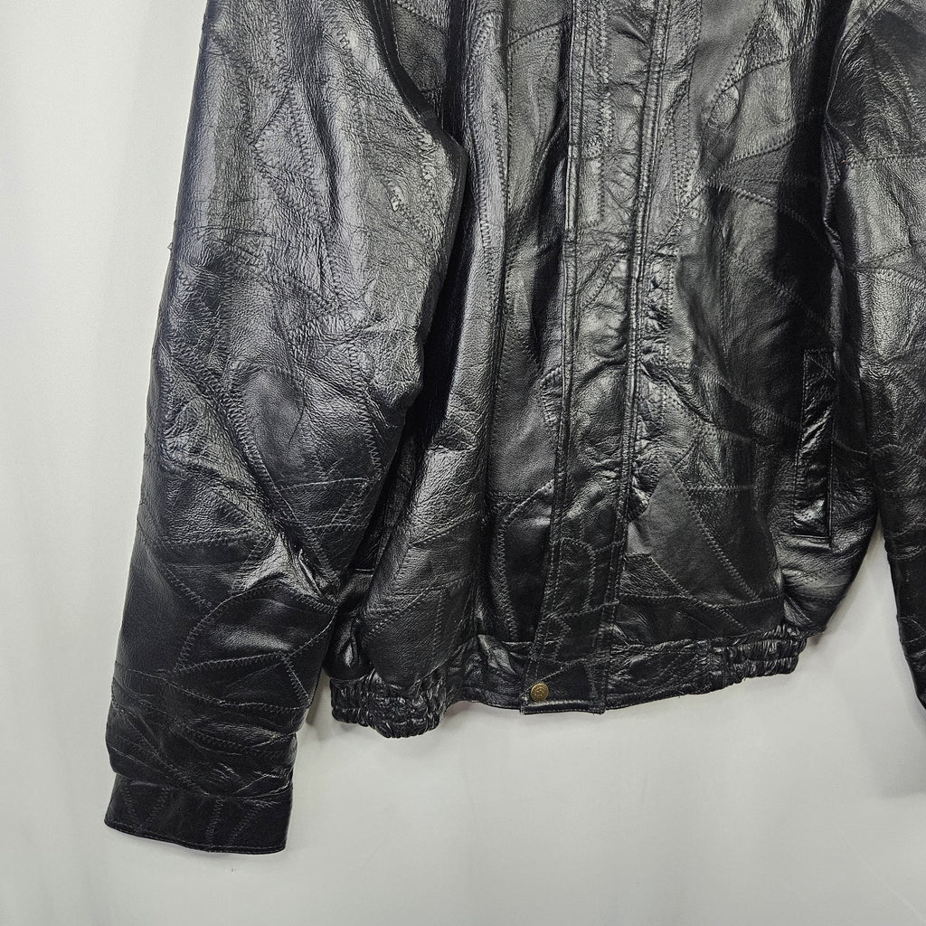 Vtg 90s Cellini Black Leather Bomber Jacket Stitch Mosaic Moto Jacket Coat- Med