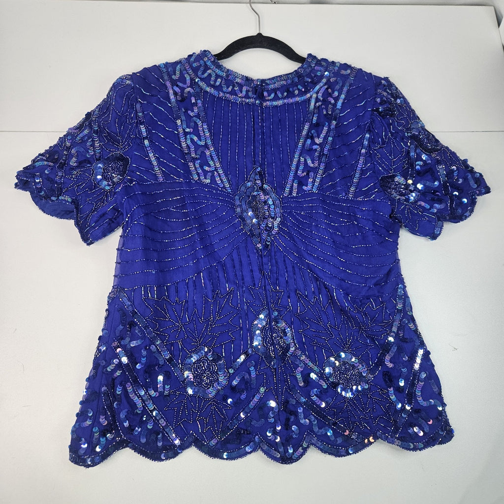 Sequin Beaded Silk Top 90s Vintage Royal Blue Blouse Gatsby Glam Party Large