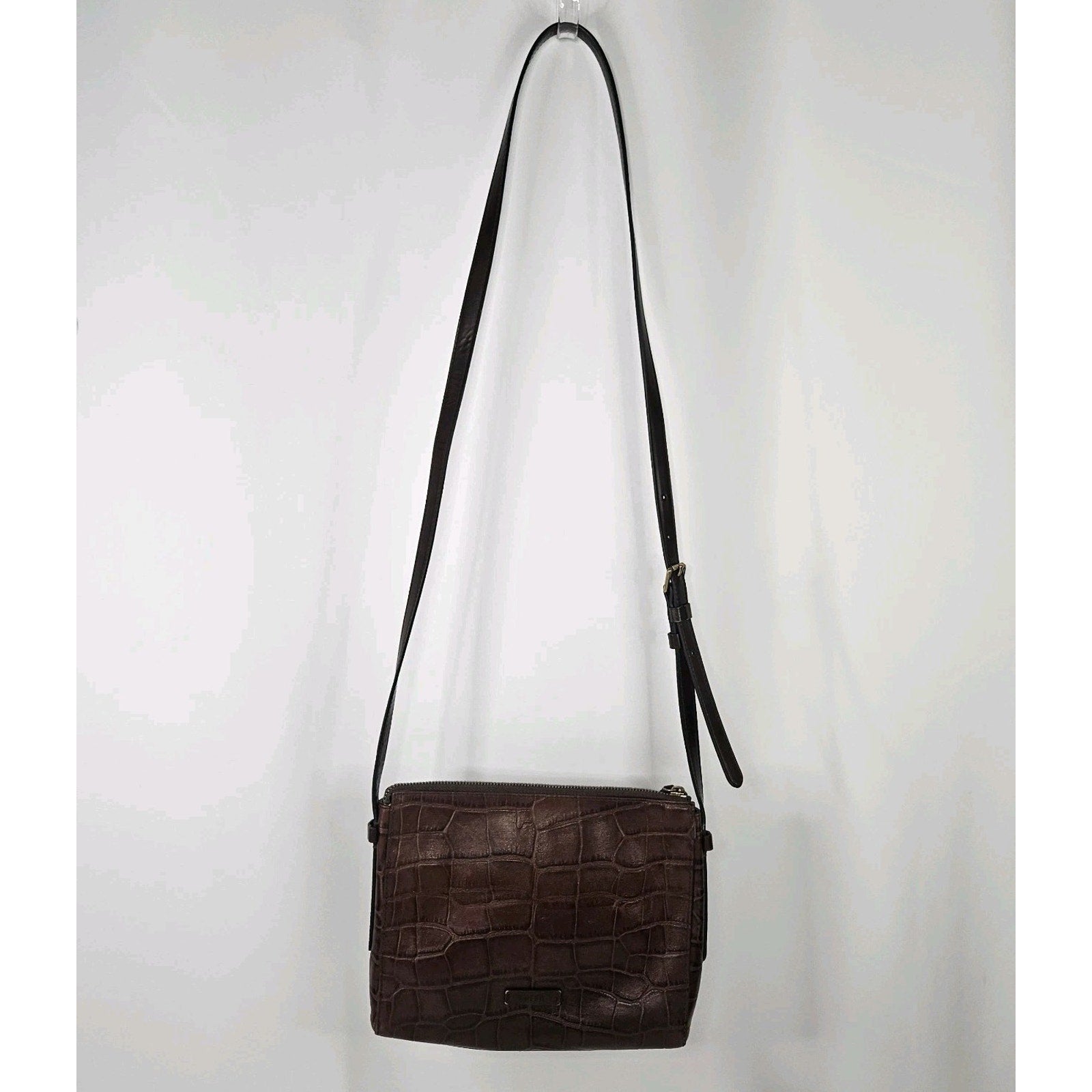 Vintage FOSSIL Croc Embossed Brown Leather Shoulder Crossbody - 10 x 8"