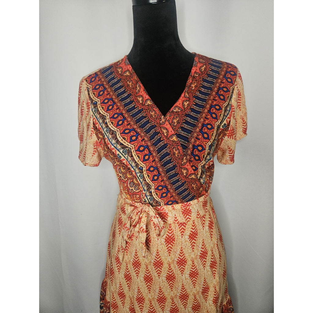 Wrap V Neck Bohemian Floral Print Ruffle Swing A Line Beach Mini Dress Large