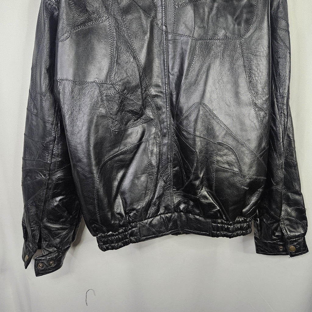 Vtg 90s Cellini Black Leather Bomber Jacket Stitch Mosaic Moto Jacket Coat- Med