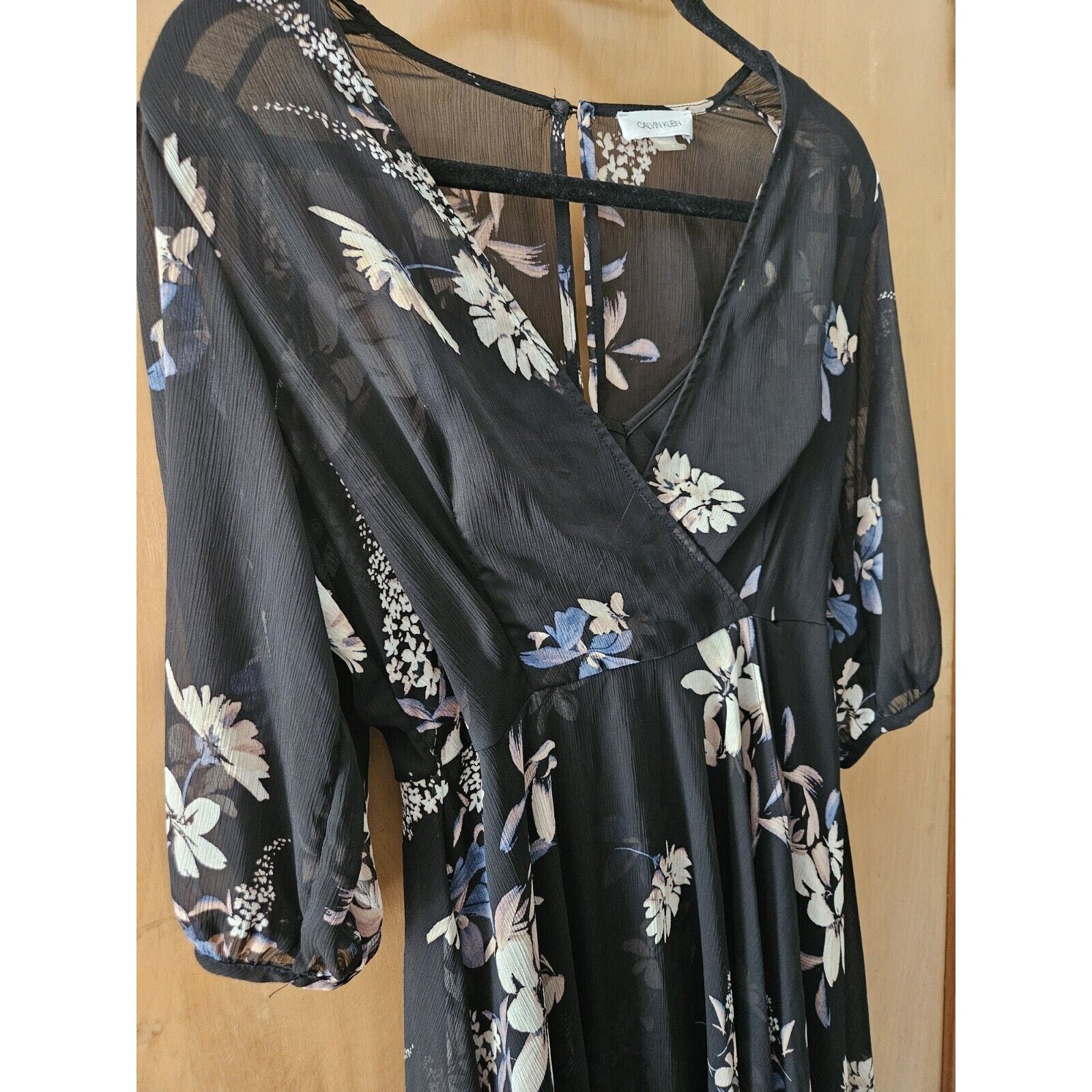 Calvin Klein Black Floral Chiffon Overlay Hi Low Flowy Sz 4 Mid Length Dress
