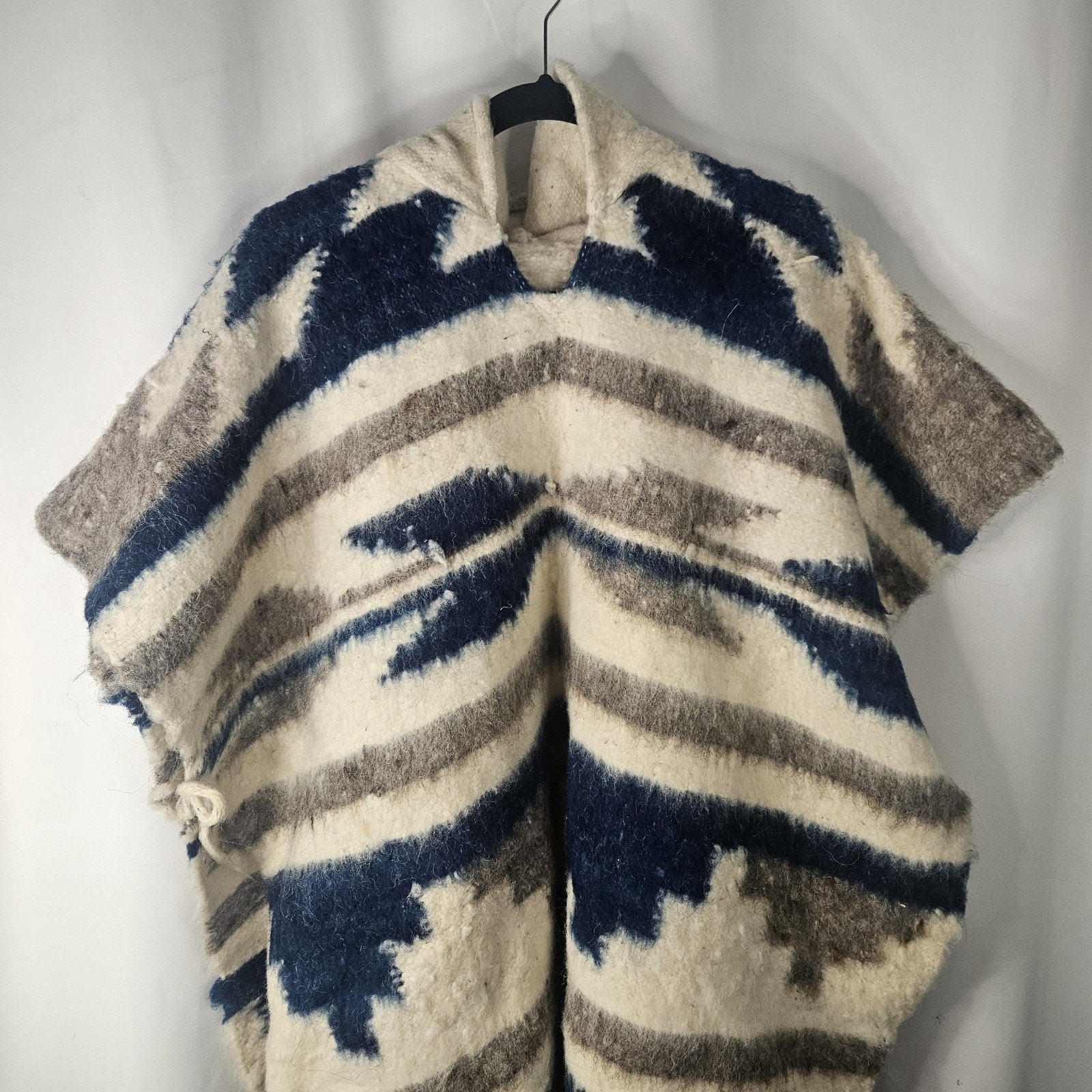 100% Wool Poncho Hooded in Beige Brown Blue Soft Southwestern Aztec Boho Comfort