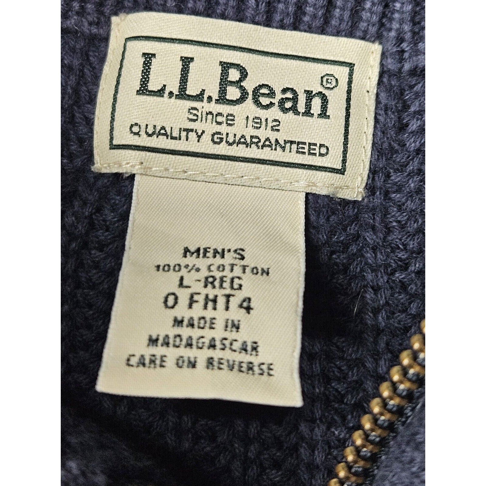 LL Bean Cotton Full Zip Cardigan Men Large Blue Chunky Ribbed Knit Sweater Vtg