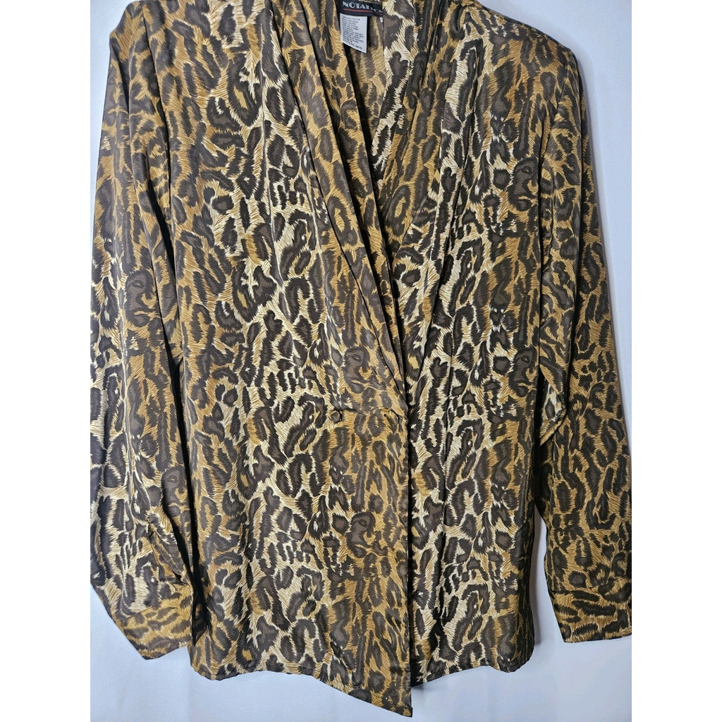 Vintage Women's Satin Long Sleeve Jacket Blouse Leopard Print Size 6 90s Glam