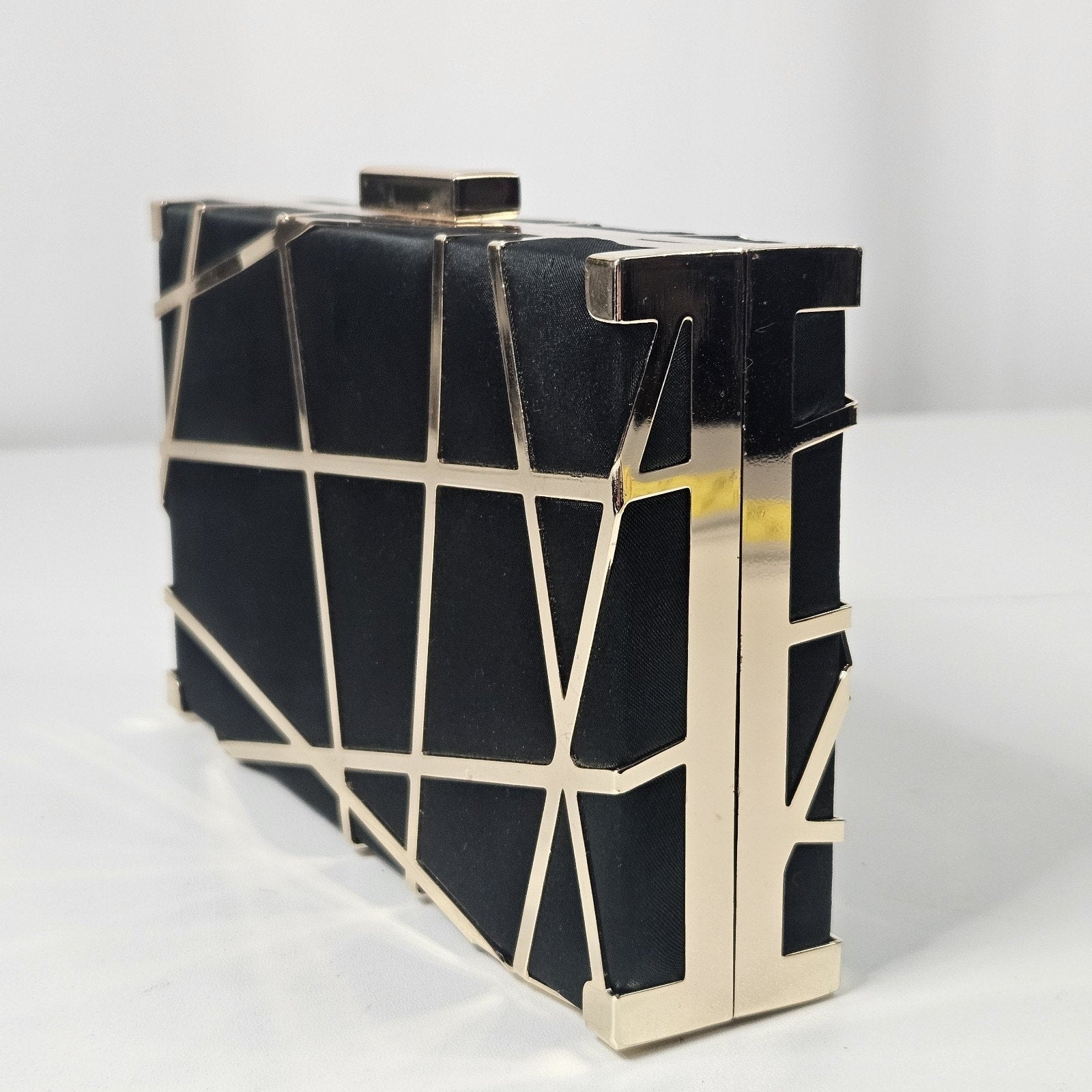 Lune Lazer Plated Clutch Bag Black Gold Chain Removable Strap Micro Purse