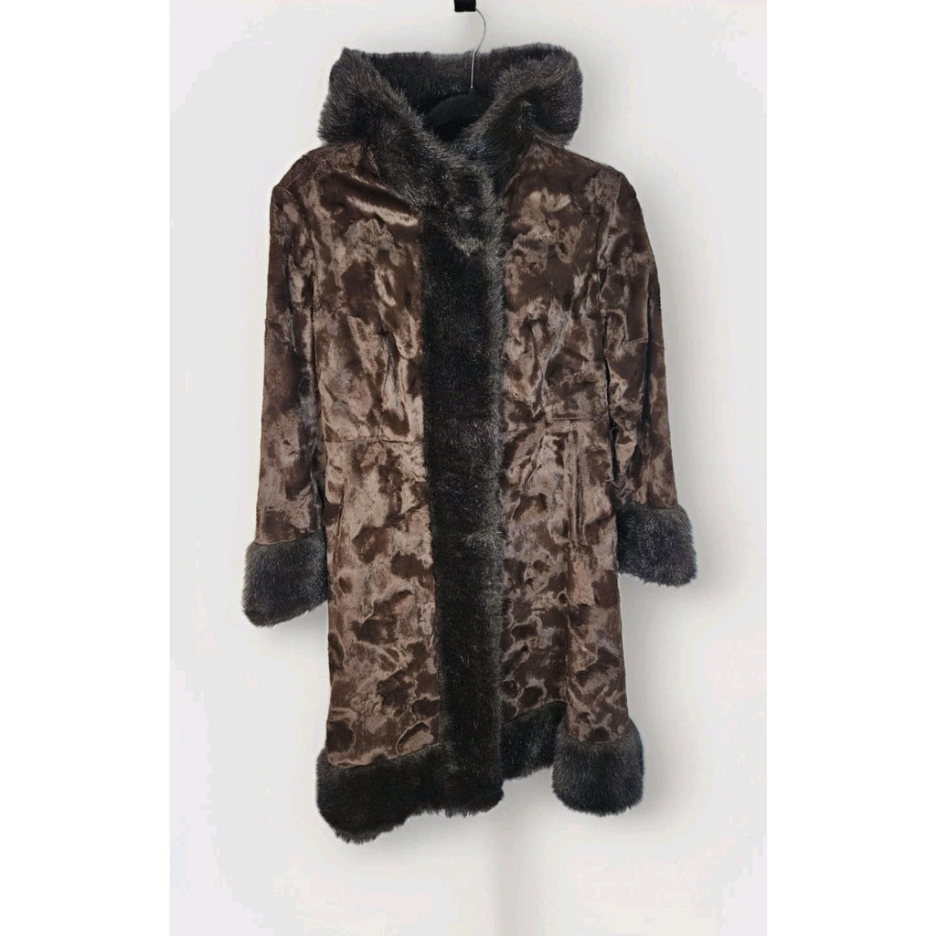 Vintage Union Made Faux Fur Coat Chocolate Brown Mod Full Length Size Small Glam