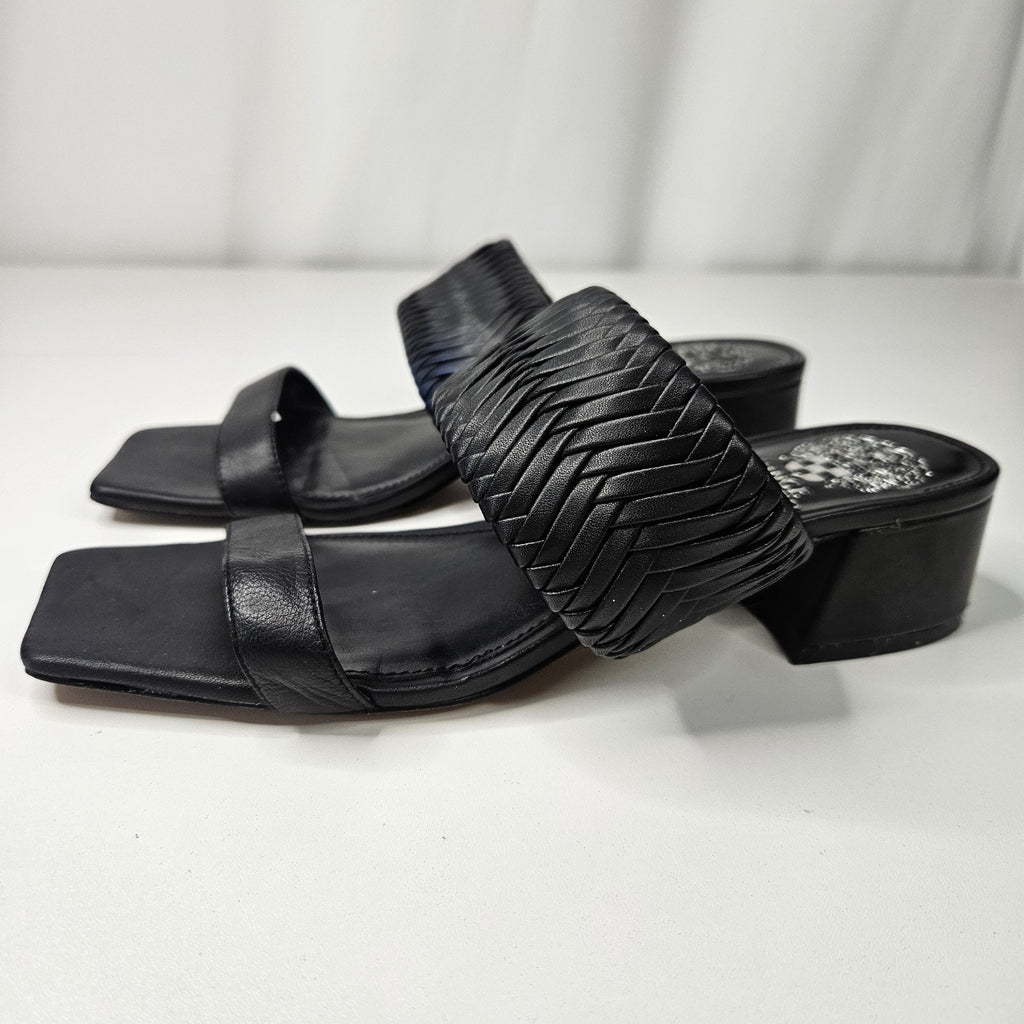 Vince Camuto Shamira Black Leather Woven Block Heel Sandals Womens 7.5M MSRP $99