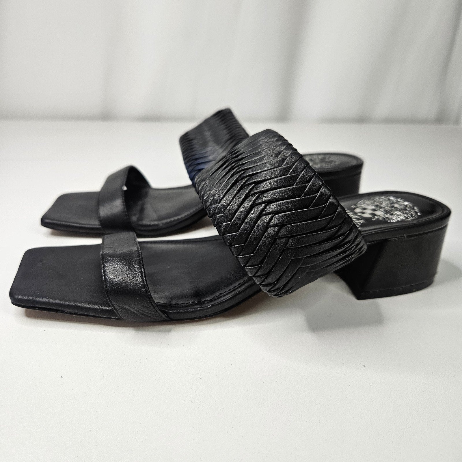 Vince Camuto Shamira Black Leather Woven Block Heel Sandals Womens 7.5M MSRP $99