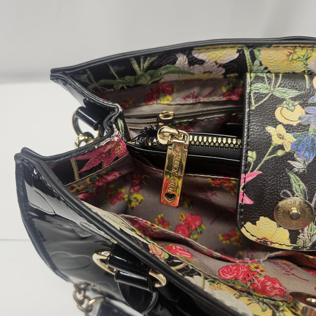 BETSEY Johnson Black Patent Hearts Satchel Tote Logo Glam Crossbody Purse