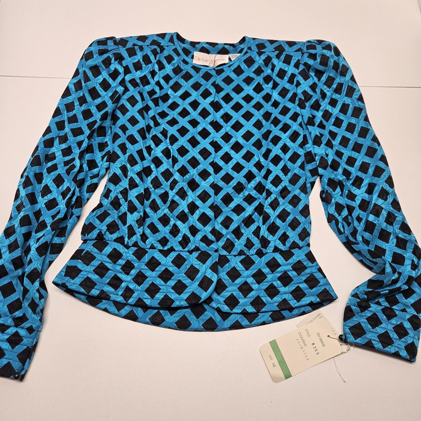 NWT Vtg 80s 100% Silk Jacquard Puff Sleeve Check Top w Scarf Blue Black Sz 10