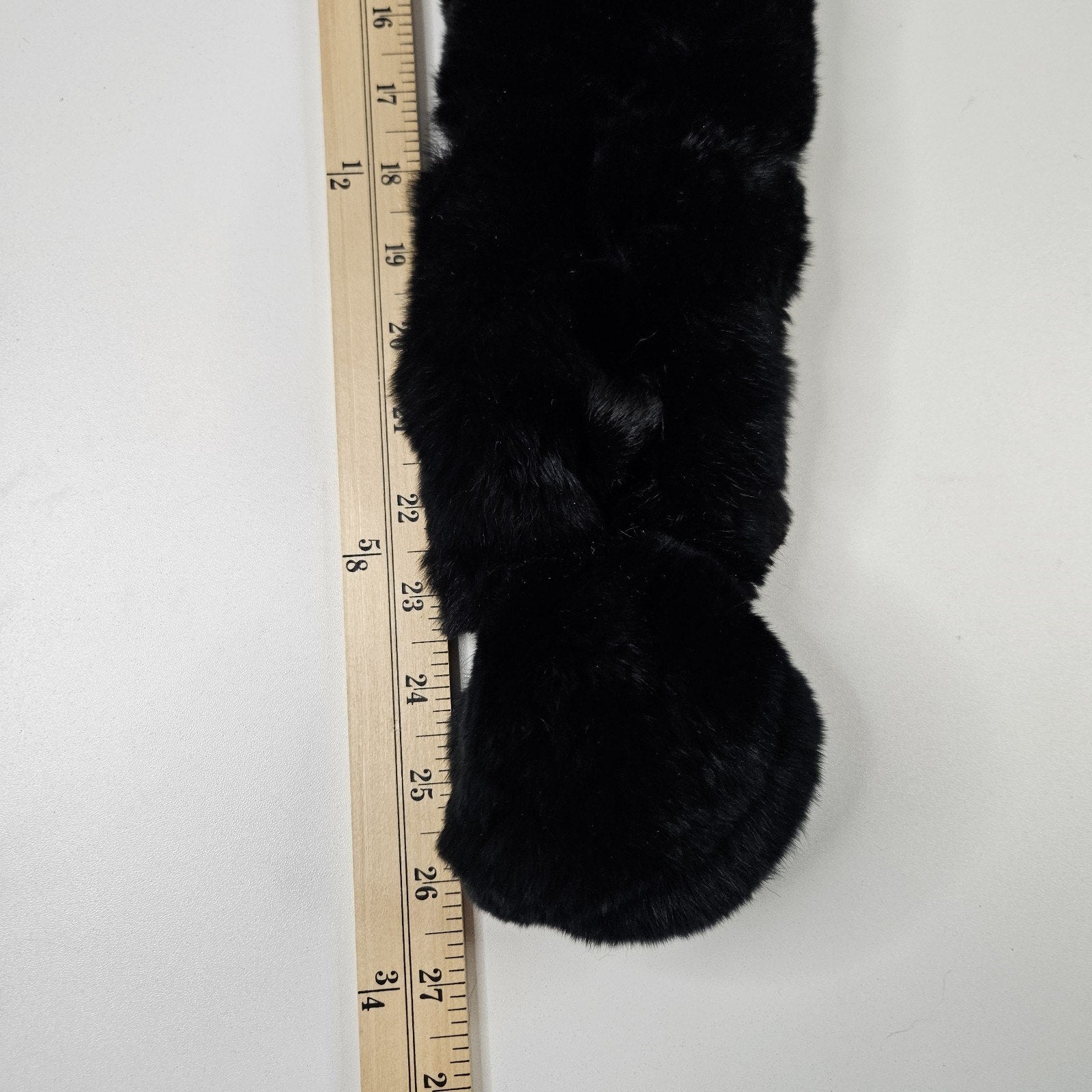 Vtg Genuine 100% Rabbit Fur Pom Pom Black Chunky Neck Warmer Scarf 4x26 Retro